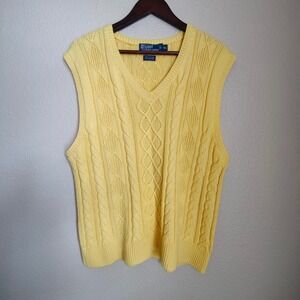 Polo Ralph Lauren Tennis Yellow Cable Knit Sweater Vest Cashmere Blend XL Preppy